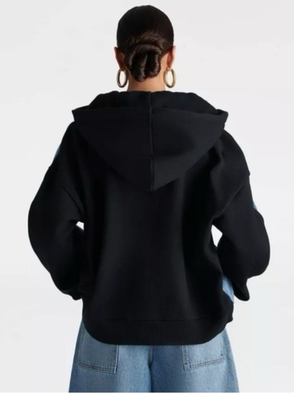 🌻NEW w/tag KBB by Kahlana Denim Jacket Hoodie Black Fleece Sleeves size Large - Picture 4 of 7